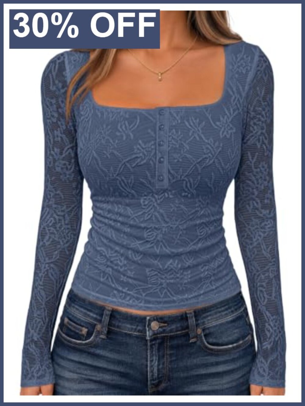 Womens Lace Mesh Long Sleeve Blouse Dressy Casual Square Neck Top
